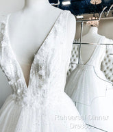 White V Neck Tulle Lace Long Semi Formal Prom Gown Wedding Dress